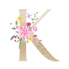 Gold letter K with watercolor flowers and leaves. Floral alphabet, golden monogram initial perfectly for birthday, wedding invitations, greeting card, logo, poster and other design. Hand painting.