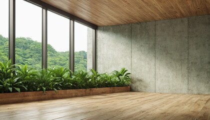 Wood with plant interior mockup with blank wall