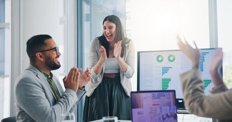 Business meeting, applause and people in office celebration for sales target, revenue or investment...
