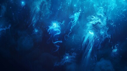 bioluminescent glowing deep ocean creatures abstract background
