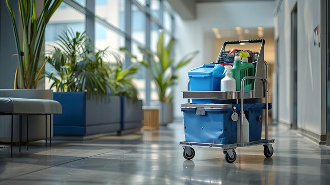 A hotel cleaning cart with supplies and equipment in an office building lobby, representing the high quality service that you can expect to clean your place after.