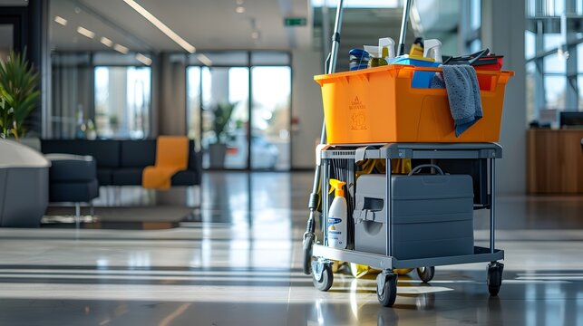 A hotel cleaning cart with supplies and equipment in an office building lobby, representing the high quality service that you can expect to clean your place after.