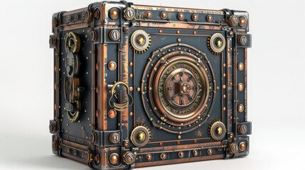 Safe, 3D illustration, sturdy design, isolated on white background, steampunk, intricate details