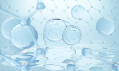 Molecule inside Liquid Bubble on water background. skin care cosmetics solution, 3d illustration