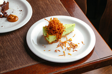 pistachio cheesecake on a tortilla,. restaurant menu