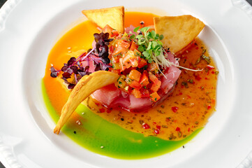 tuna tartare with sauce and nachos on a plate