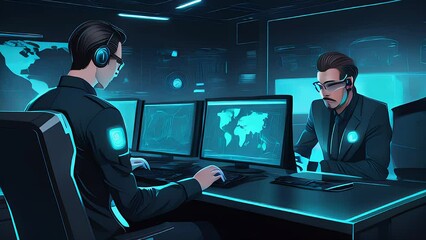 Cybersecurity team focused on breach response in a high-tech control room.