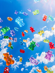 Fototapeta premium Colorful gummy bears defying gravity in the sky