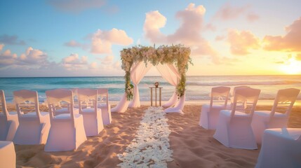 Fototapeta premium Beautiful Beachfront Wedding Altar at Sunset with Elegant Decor and Serene Ocean Background