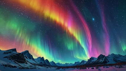 Northern Lights Over Snowy Mountains.