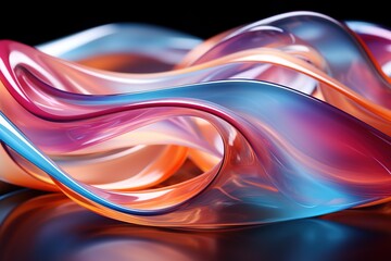A colorful, glossy glass ribbon with a holographic, curved wave design that appears to be in motion. Design element is suitable for banners, backgrounds, and wallpapers. AI generated
