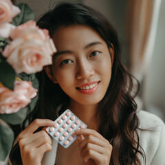 Smiling woman shows off a pill blister pack