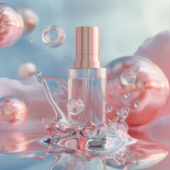 Blue background with polished beauty products: perfume, lipstick, nail polish, and more