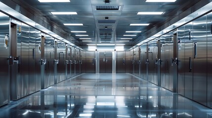 Obraz premium A long row of hightech, stainless steel safe boxes is set against the backdrop of an empty room with glossy floor and ceiling. This scene emphasizes how modern safety fixtures.