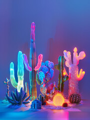 An array of differently styled neon-lit cacti against a gradient blue to purple background