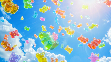 Gummy bears in a sky backdrop with sunlight