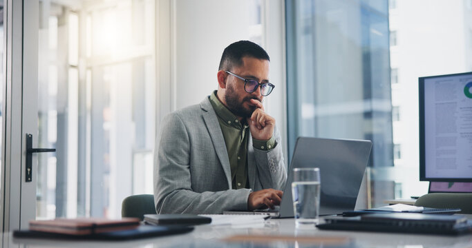 Man, thinking and laptop with ideas, solution and decision for business, workplace and office. Male person, working and account management for planning, vision and goal in brainstorming for project