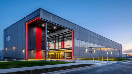 Obraz premium A modern hangar with LED lighting, illuminated by the setting sun, is located on an industrial site in the style of empire architecture.