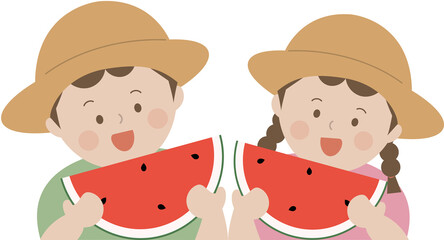 여름 수박먹는 아이들