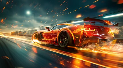 Sport car racing with flames from its wheels, high-speed drama and excitement, capturing the intensity of the race