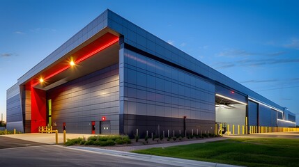 Obraz premium A modern hangar with LED lighting, illuminated by the setting sun, is located on an industrial site in the style of empire architecture.