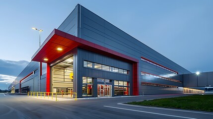 A modern hangar with LED lighting, illuminated by the setting sun, is located on an industrial site in the style of empire architecture.