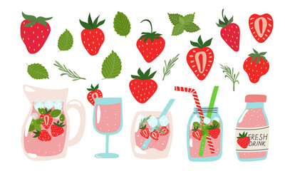 Summer strawberry lemonade set. Summer berry refreshing beverage with strawberry, rosemary and mint.