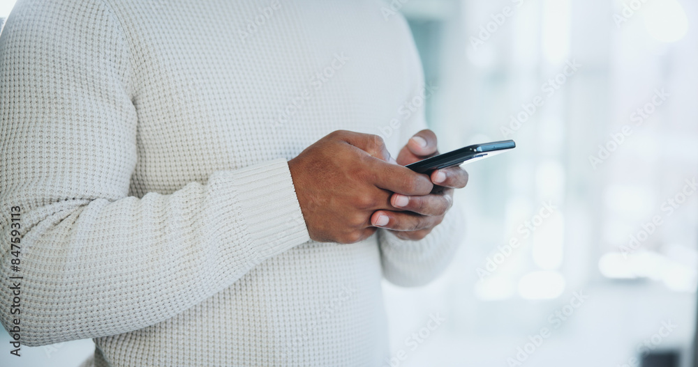 Poster communication, hands and businessman text with smartphone in office for networking, email and online