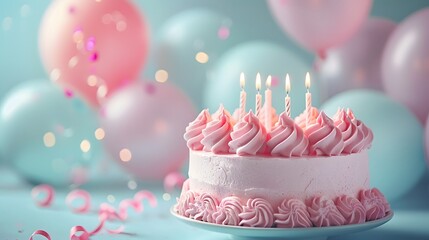 A pink birthday cake with candles on a light blue background with blurred balloons in the background. The cake is decorated in the style of blurred balloons.