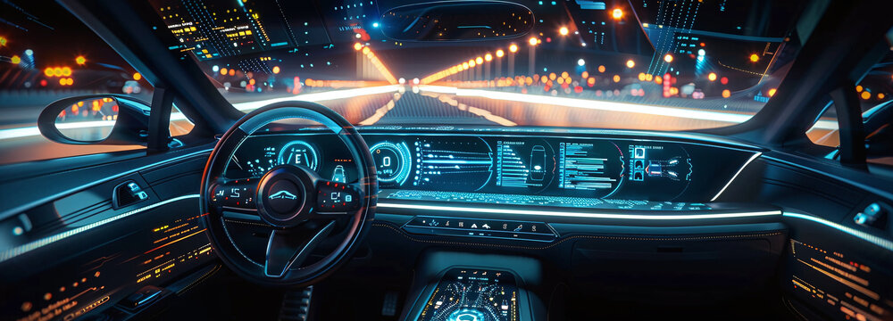 Autonomous futuristic car dashboard concept HUD and hologram screen as infotainment system as broad banner. 