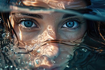 Mermaid Looks from Water, Young Girl Beautiful Face, Big Eyes Underwater, Mermaid Portrait Closeup