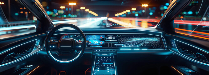 Autonomous futuristic car dashboard concept HUD and hologram screen as infotainment system as broad banner. 