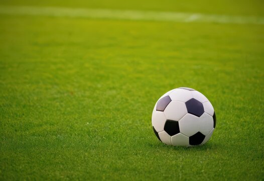 A black and white soccer ball on a green field.