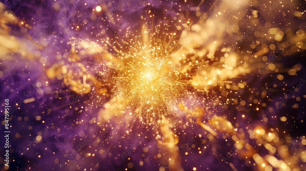 Aufkleber rendering of a gold explosion with glowing particles dispersing in all directions, creating a radiant burst of energy against a clean purple background