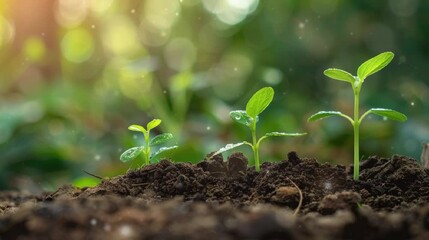 small trees growing in the ground with sunshine, eco green concept 