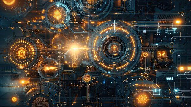 Close-up of a machine with many futuristic gears. Technology and innovation concept, complex gear design