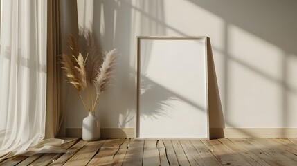 A white poster frame mockup is leaning against the wall in an empty room with a wooden floor and a window on the side with beige curtains.