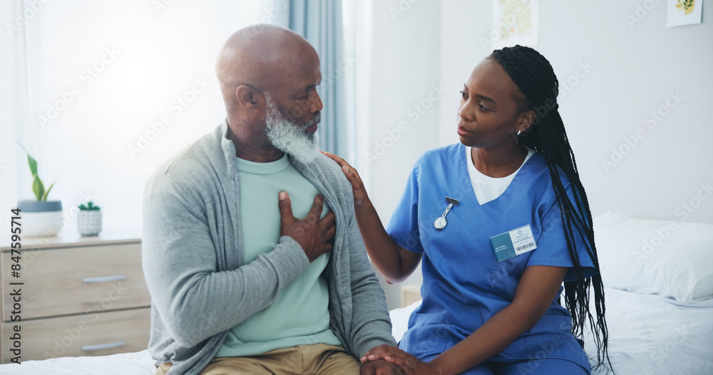 Poster Healthcare, nurse and mature man with consultation in hospital for medical service, support or advice. Clinic, professional and black people with discussion on bed for heart disease, stroke and help