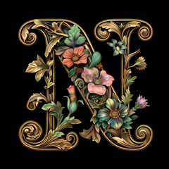 Modern logo with purple and gold colors and the letter N with many flowers on black background generative ai
