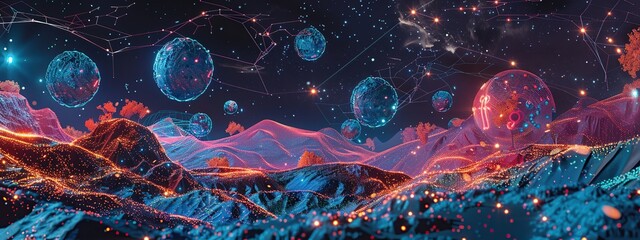 Futuristic cityscape with a blue sky and orange and red lights. The city is filled with buildings and a large mountain range in the background. The sky is dotted with stars