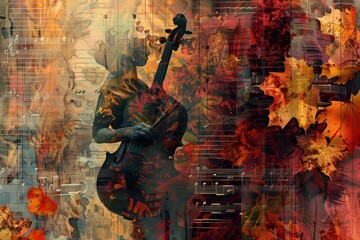 Autumn Music Collage, Surreal Trendy Contemporary Poster, Fall Music Concept, Copy Space