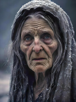 haggard old woman with a fierce and weather-beaten appearance, representing the harshness and unpredictability of nature