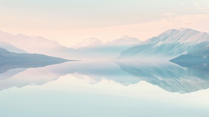 A stunning landscape photo of a mountain range reflected in a still lake, with a soft pastel color palette