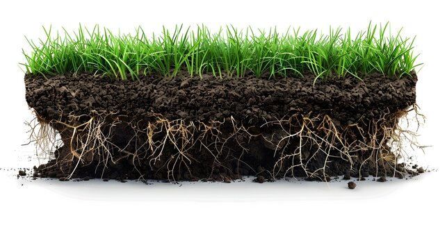 Cutaway of grass and soil, with the underground roots visible in cross-section, set against a white background. nature paths or golf greens on product packaging or marketing materials.