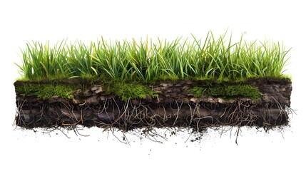 Cutaway of grass and soil, with the underground roots visible in cross-section, set against a white background. nature paths or golf greens on product packaging or marketing materials.