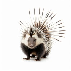 Fototapeta premium A close-up of a porcupine with its quills fully erect, set against a white background.