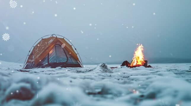 Cozy tent and bonfire on a snowy surface, winter camping under starry skies
 Seamless looping 4k time-lapse virtual video animation background. Generated AI