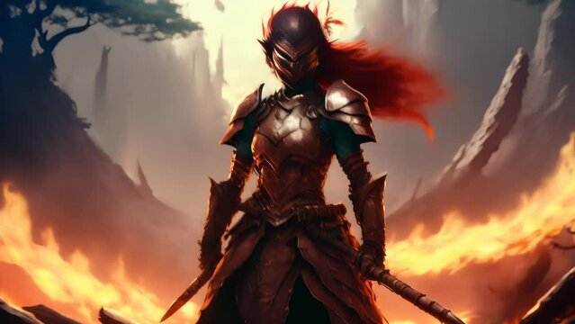 A powerful image of a warrior woman standing amidst a fiery battleground, clad in detailed armor with a glowing gem at her chest. 