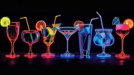 Neatly arranged neon cocktails, their bright colors highlighted against a solid dark black background, offering a striking and modern visual appeal