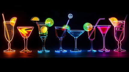 Neatly arranged neon cocktails, their bright colors highlighted against a solid dark black background, offering a striking and modern visual appeal